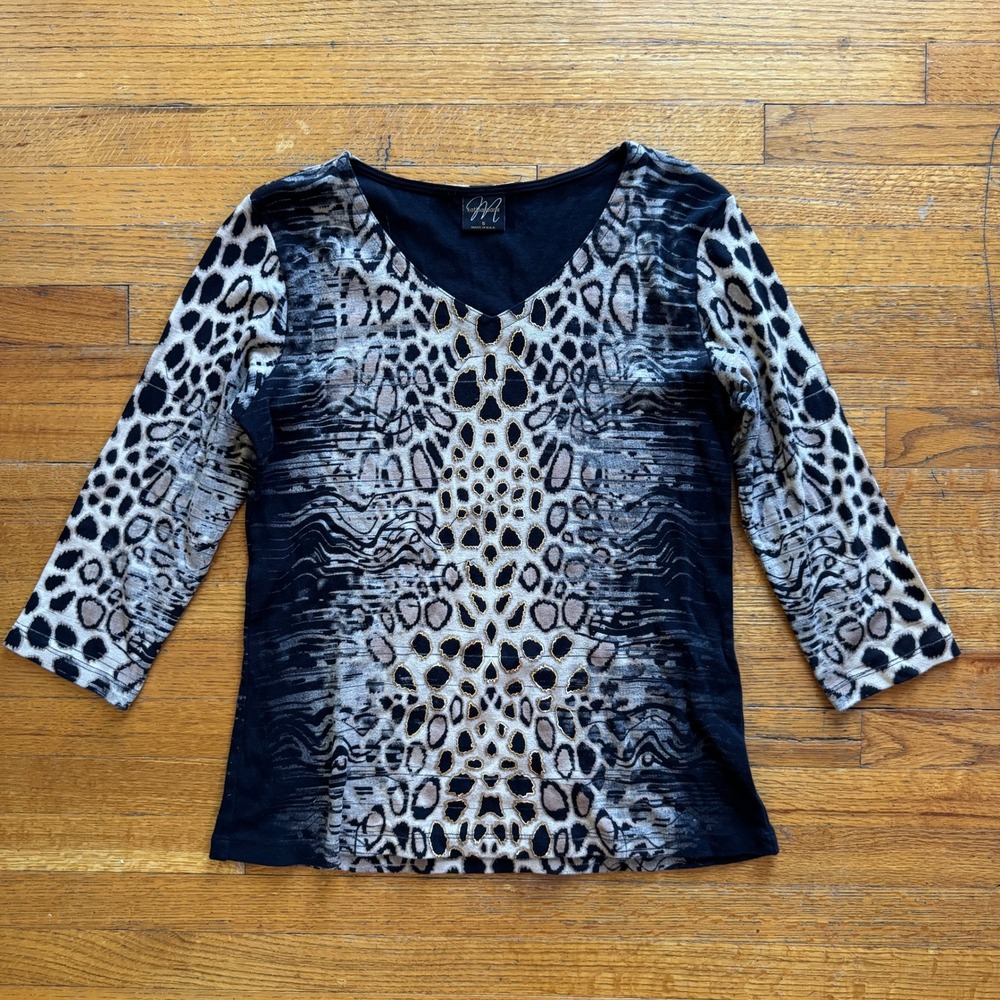 Katia Marie Women Leopard Print V-Neck Top 3/4 Sleeve Gold Glitter Black Small